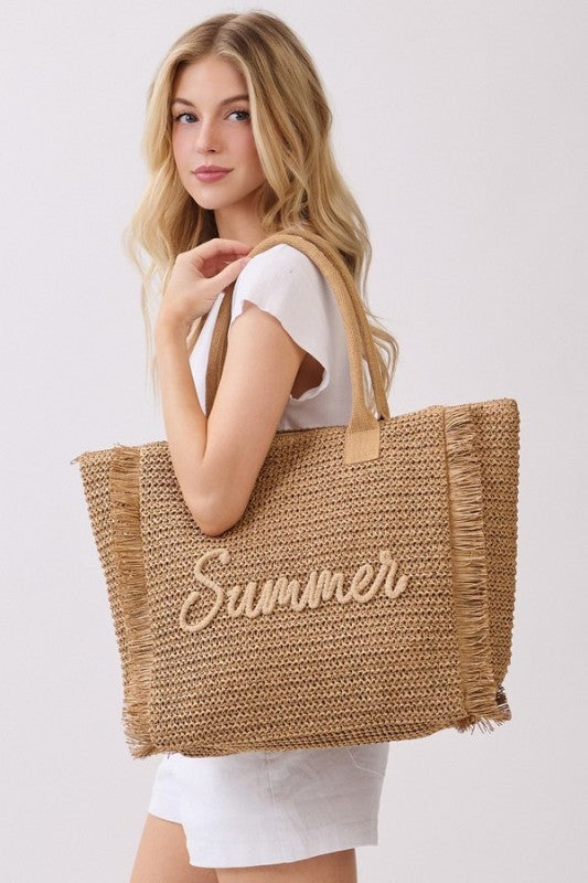 Summer Embroidered Straw Fringe Tote Bag