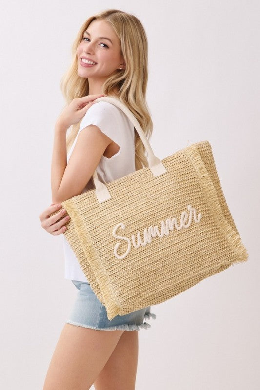 Summer Embroidered Straw Fringe Tote Bag