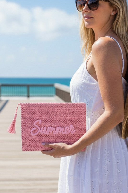 Summer Embroidered Straw Zip Pouch