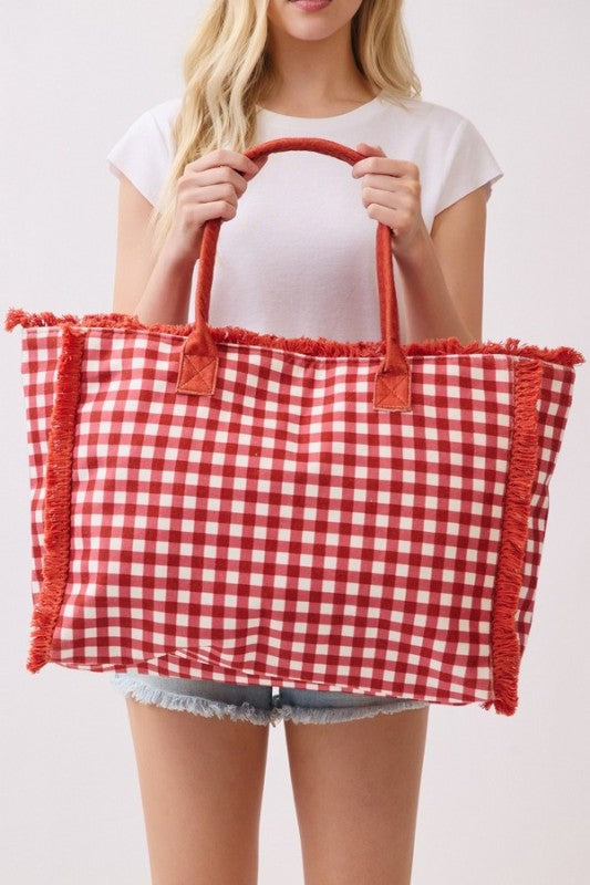 Gingham Fringe Tote Bag