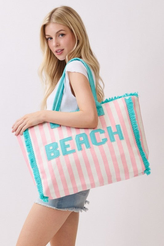Striped Terry Fringe Beach Tote Bag