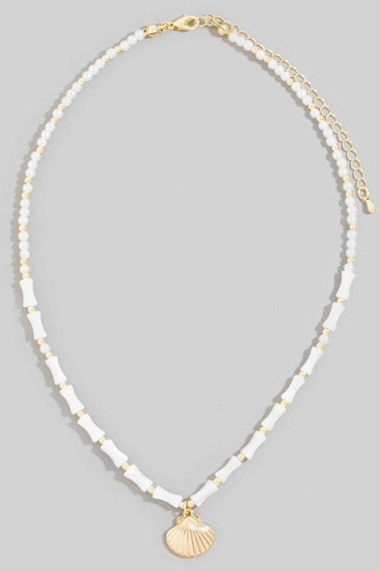 Tube Bead & Pearl Gold Seashell Necklace-Wht