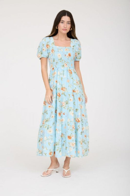 Floral Smocked Square Neck Puff Sleeve Midi Dress