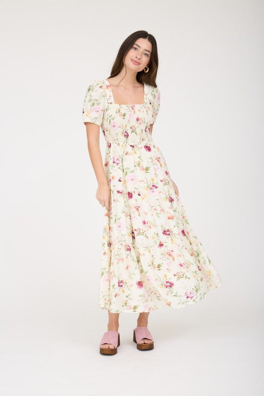 Floral Smocked Square Neck Puff Sleeve Midi Dress