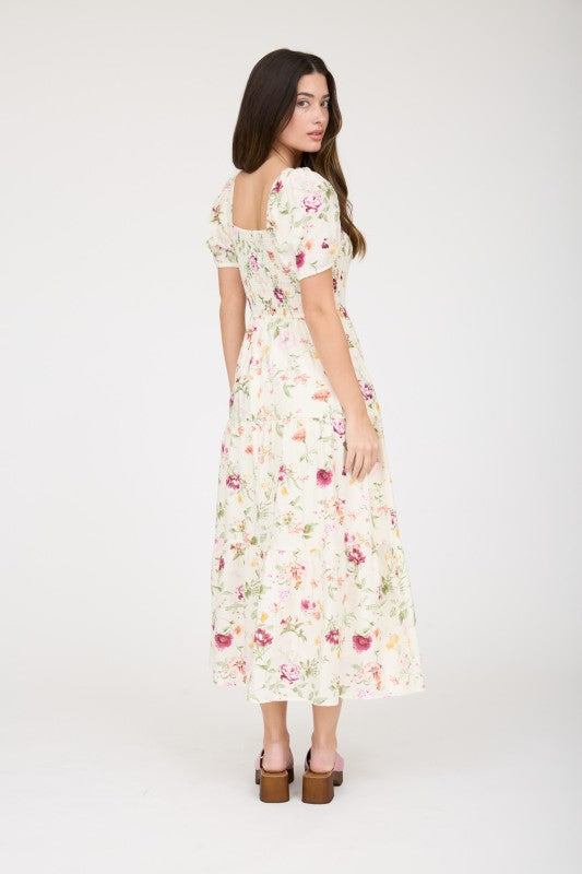 Floral Smocked Square Neck Puff Sleeve Midi Dress