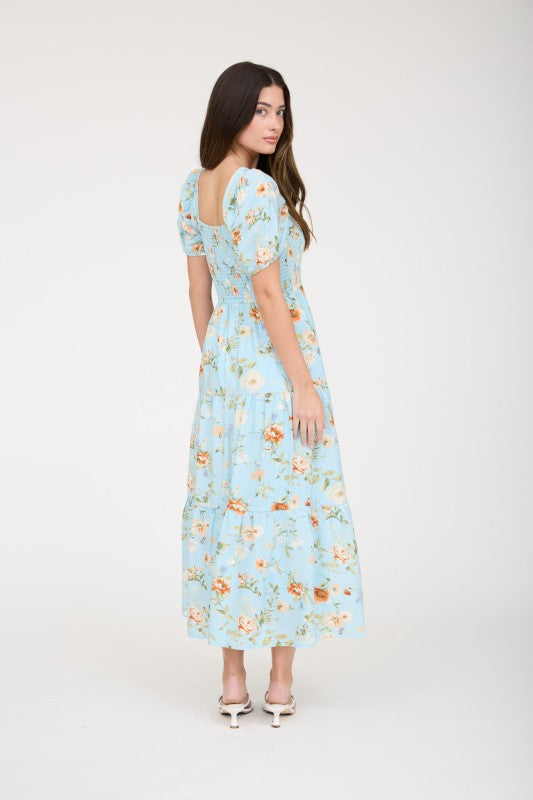 Floral Smocked Square Neck Puff Sleeve Midi Dress