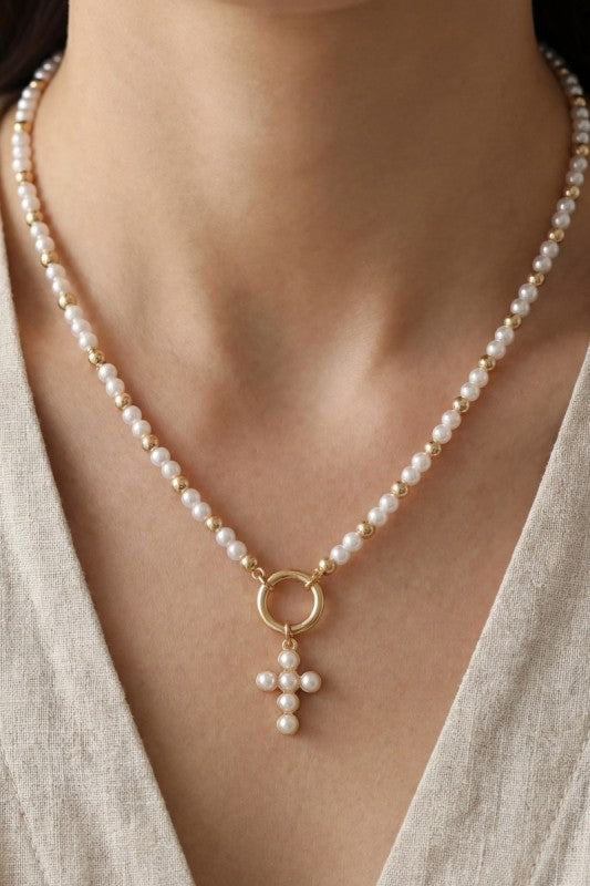 Pearl & Gold Bead Circle Drop Cross Necklace