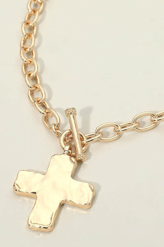 Shiny Hammered Metal Cross Necklace