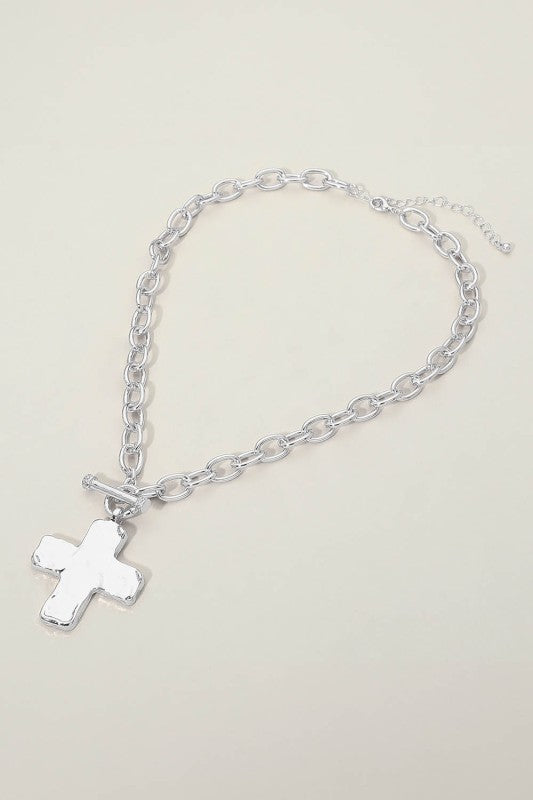 Shiny Hammered Metal Cross Necklace