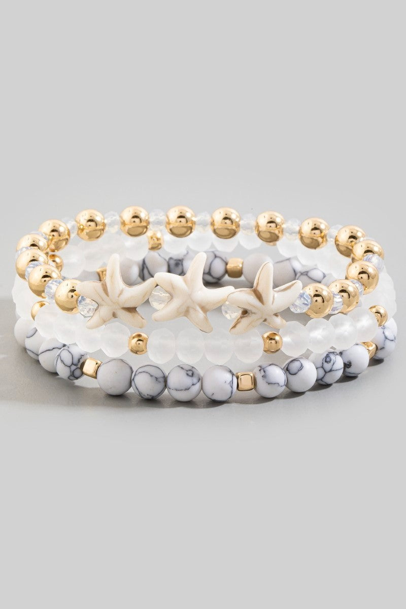 Triple Starfish Beaded Bracelet Set-Wht