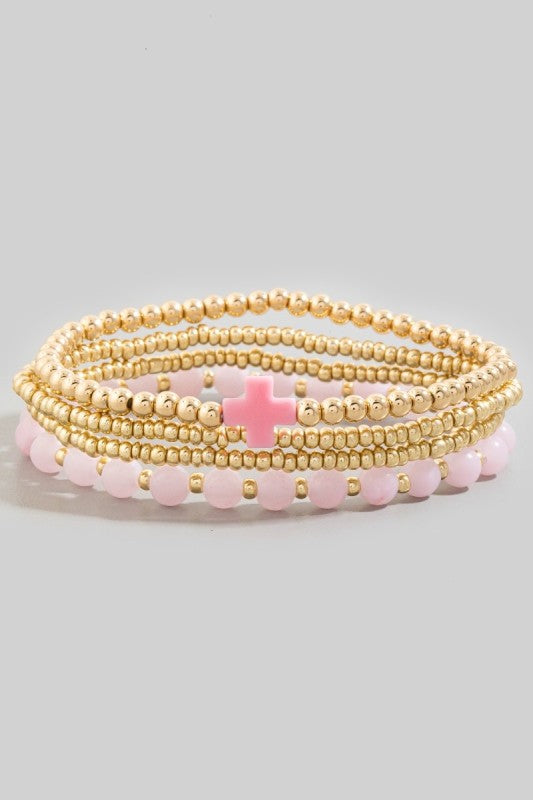Glass Mixed Bead & Cross Bracelet Set