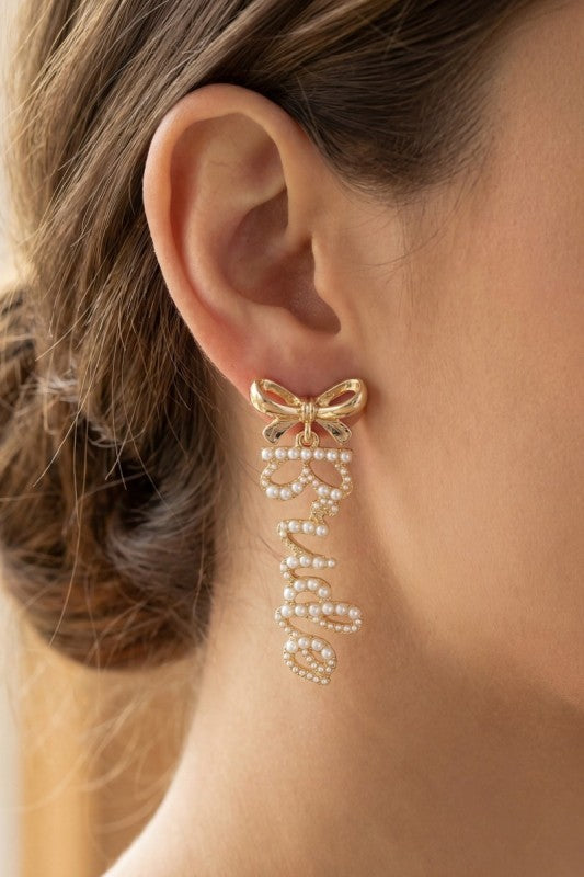 Pearl & Bow Bride Vertical Script Earring