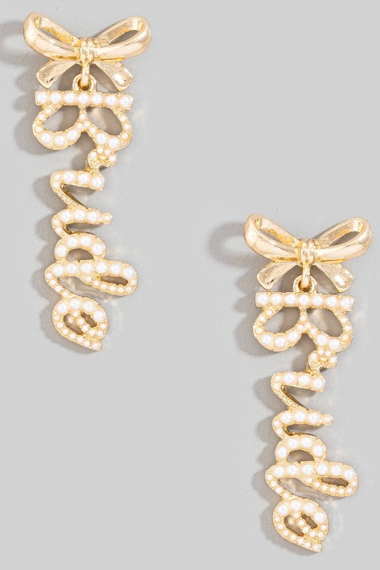 Pearl & Bow Bride Vertical Script Earring