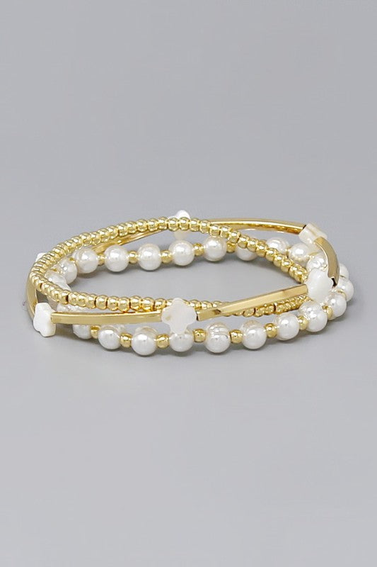 Clover Bar & Pearl Bracelet Set-White