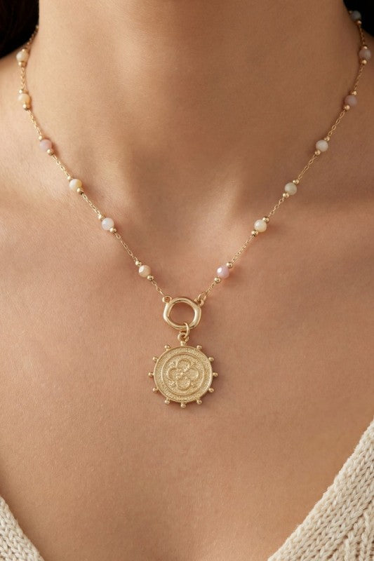 Beaded Studded Clover Disk Necklace