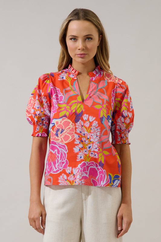 Floral Split Neck Puff Sleeve Top-Orange
