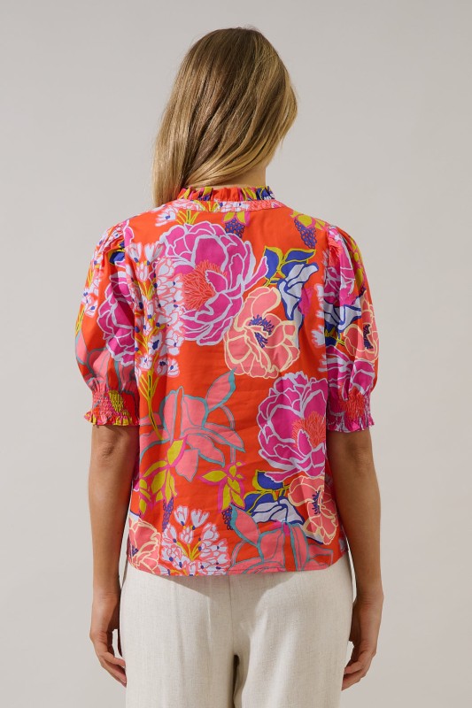 Floral Split Neck Puff Sleeve Top-Orange