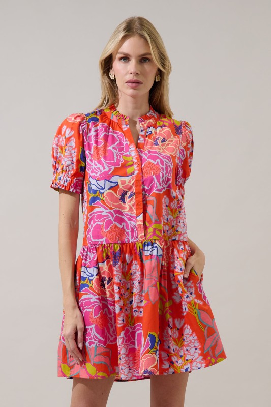 Floral Puff Sleeve Button Up Drop Waist Dress-Orange