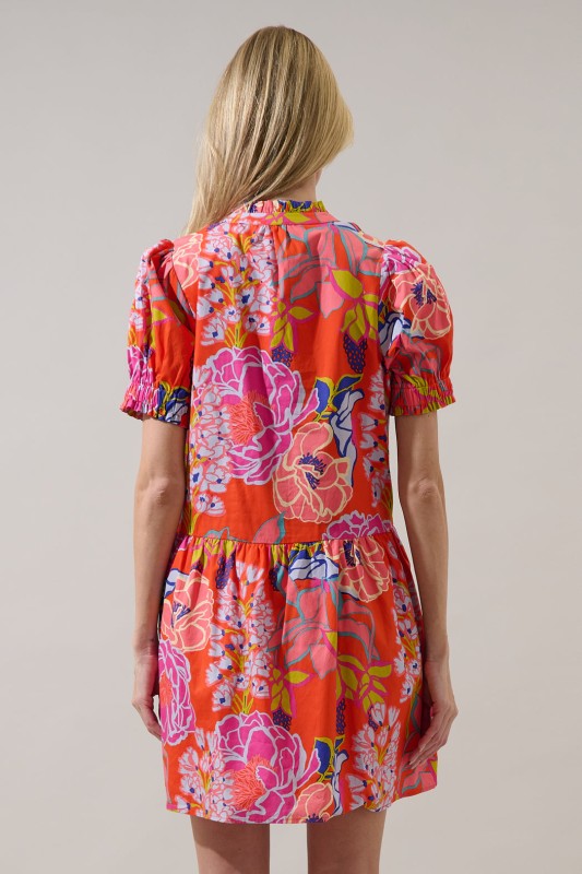 Floral Puff Sleeve Button Up Drop Waist Dress-Orange