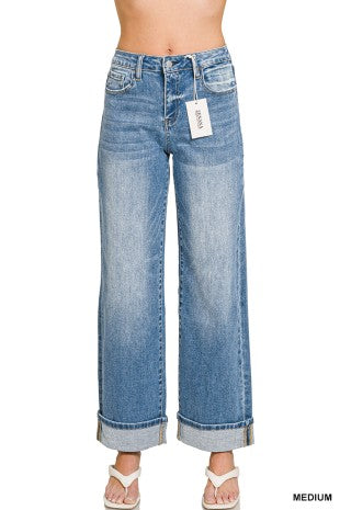 High Rise Cuffed Wide Leg Denim-Medium Wash