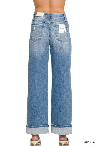 High Rise Cuffed Wide Leg Denim-Medium Wash