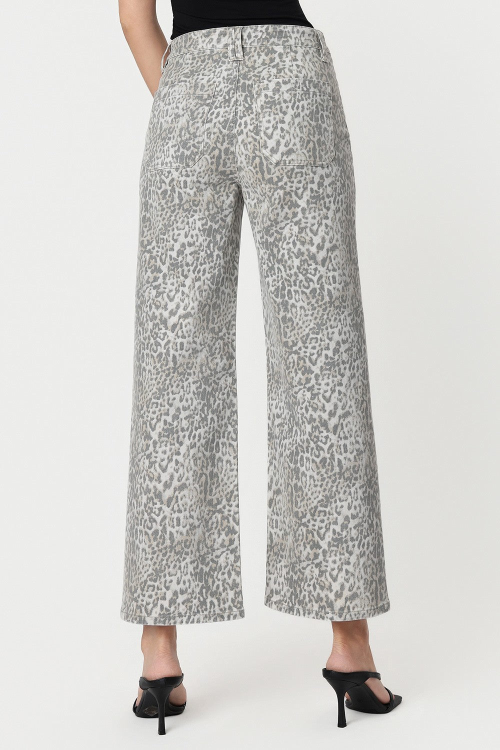High Rise Leopard Baggy Wide Leg Denim-Grey