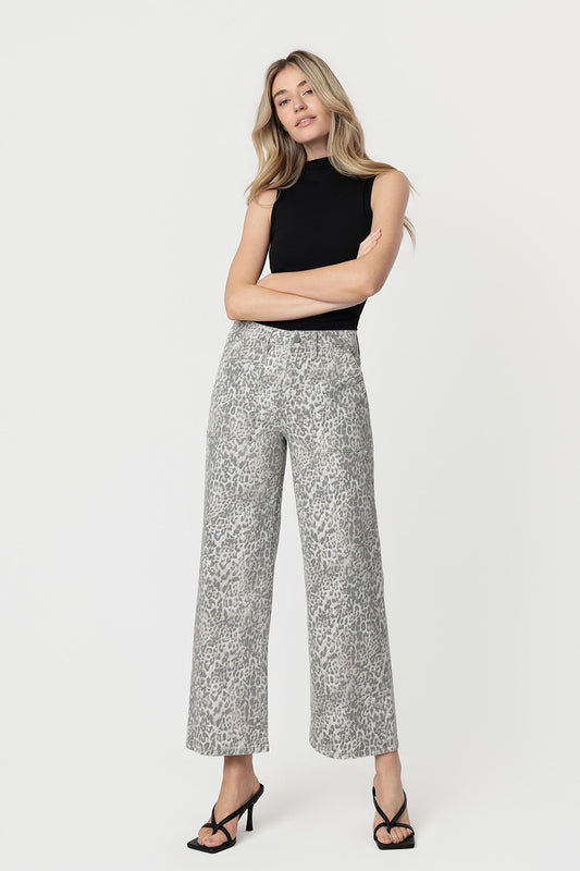 High Rise Leopard Baggy Wide Leg Denim-Grey