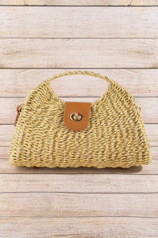Metallic Gold Woven Top Handle Straw Handbag