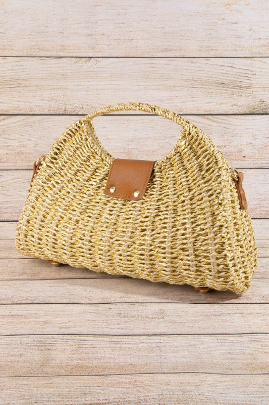 Metallic Gold Woven Top Handle Straw Handbag