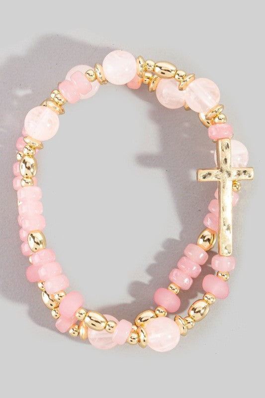 Glass Bead Hammered Sideways Cross Bracelet Set