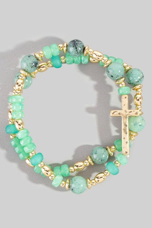 Glass Bead Hammered Sideways Cross Bracelet Set