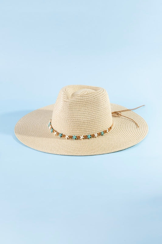 Starfish Beaded Brim Straw Hat-Ivory