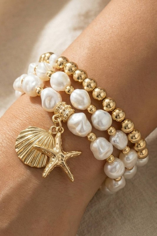 Starfish & Shell Charm Pearl Bracelet Set