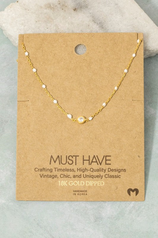 Round CZ & Enamel Bead Must Have Necklace-Wht
