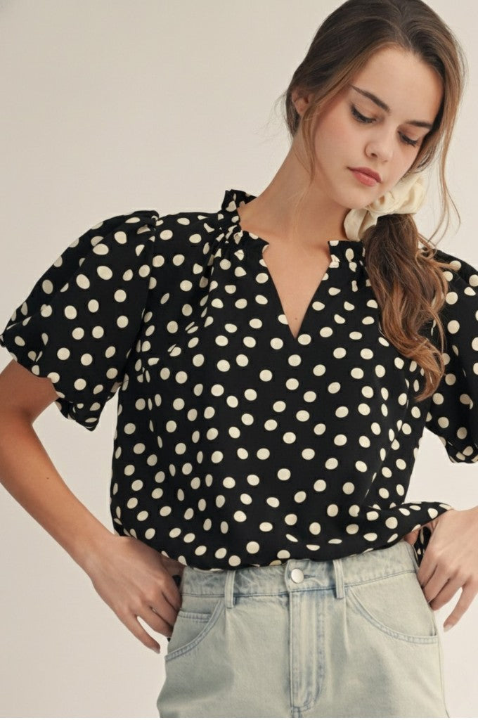Polka Dot Frill V-Neck Puff Sleeve Top-Black
