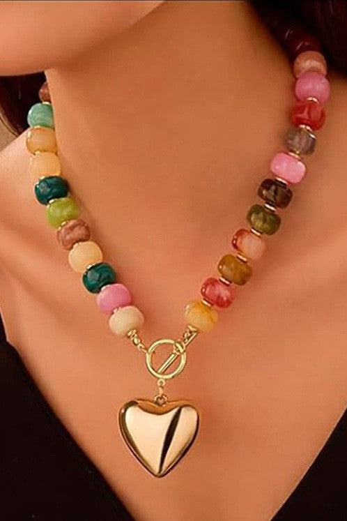 Multi Color Rounded Bead Puff Heart Toggle Necklace