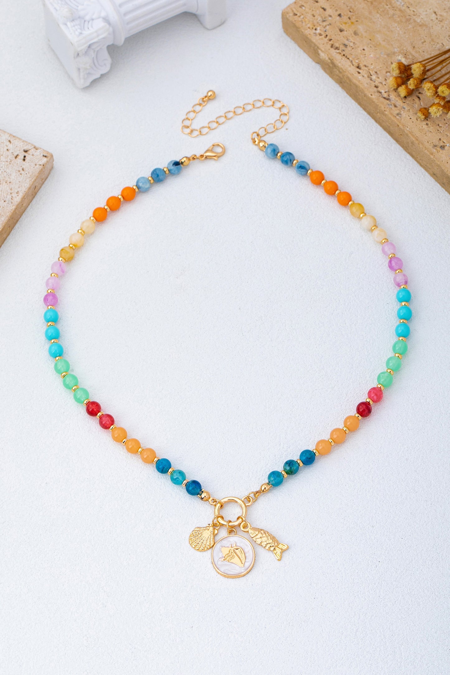 Colorful Beaded Coastal Charms & Pearl Disk Shell Necklace