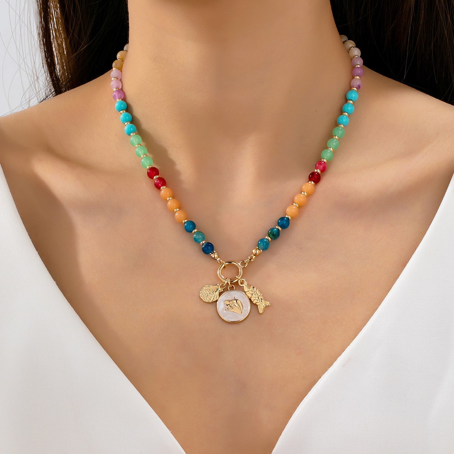 Colorful Beaded Coastal Charms & Pearl Disk Shell Necklace