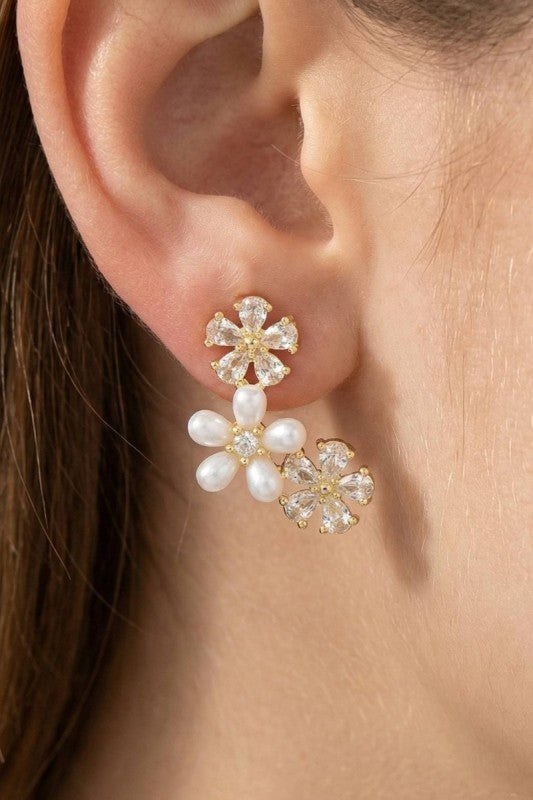 CZ & Pearl Flower Curved Earring