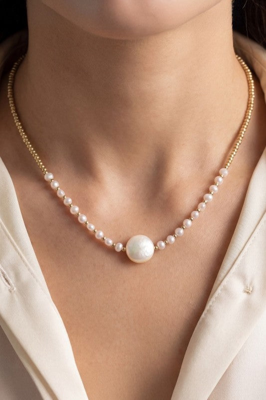 Flat Pearl & Gold Seed Bead Necklace