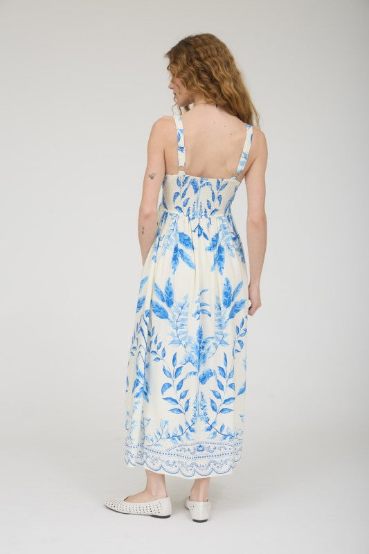 Leaf Print Scallop Waist Border Tank Midi Dress-Blue Mix