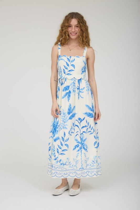 Leaf Print Scallop Waist Border Tank Midi Dress-Blue Mix