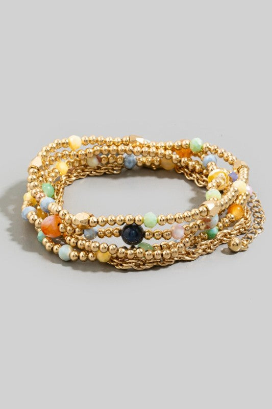 Round Stone & Metallic Beaded Bracelet Set