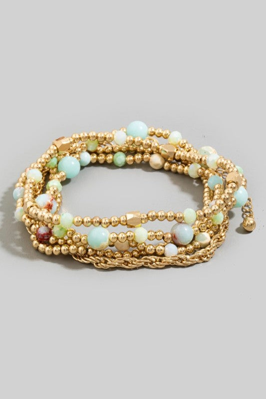 Round Stone & Metallic Beaded Bracelet Set