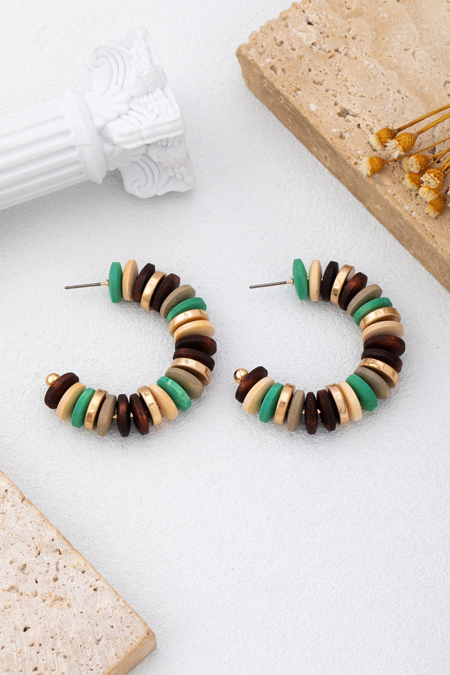 Wood Disc Bead Hoop Earring-Multi
