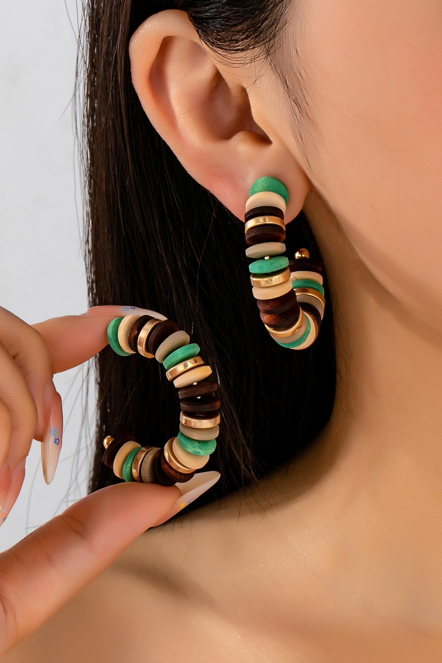 Wood Disc Bead Hoop Earring-Multi