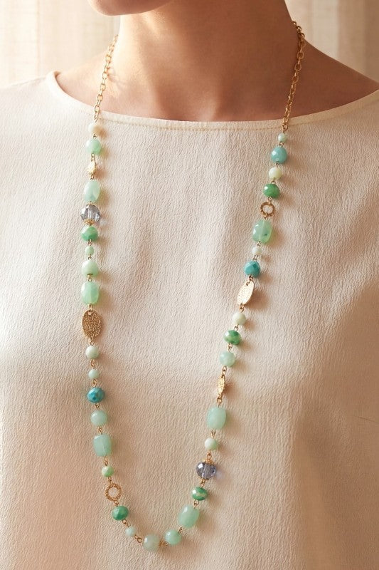 Beaded Hammered Gold Oval Long Necklace