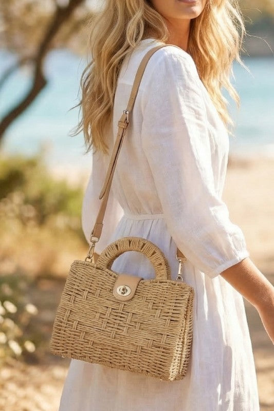 Straw Top Handle Structured Twist Clasp Crossbody