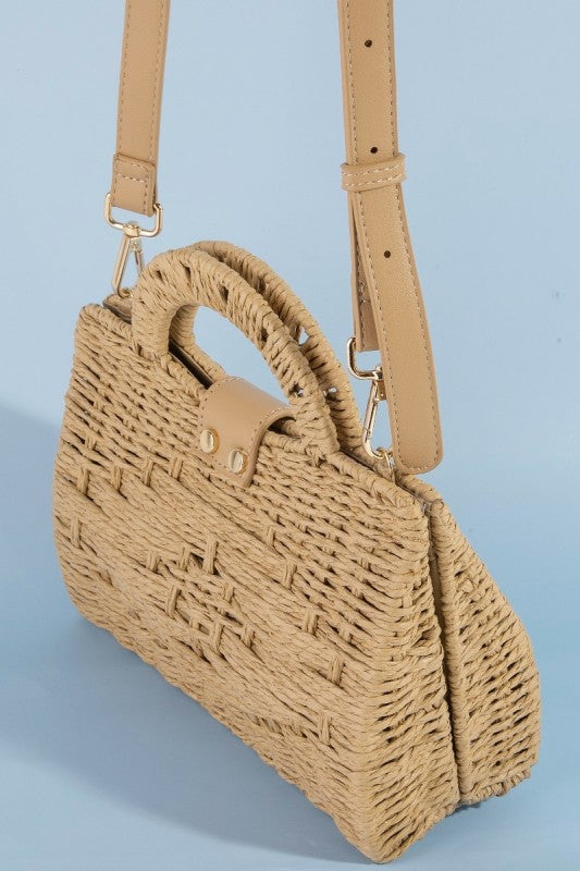 Straw Top Handle Structured Twist Clasp Crossbody
