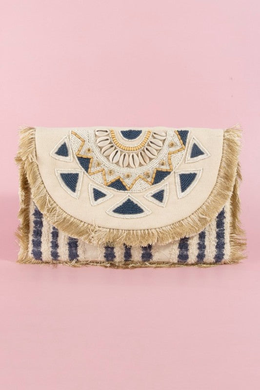 Geo Stripe Shell & Fringe Beaded Clutch-Navy